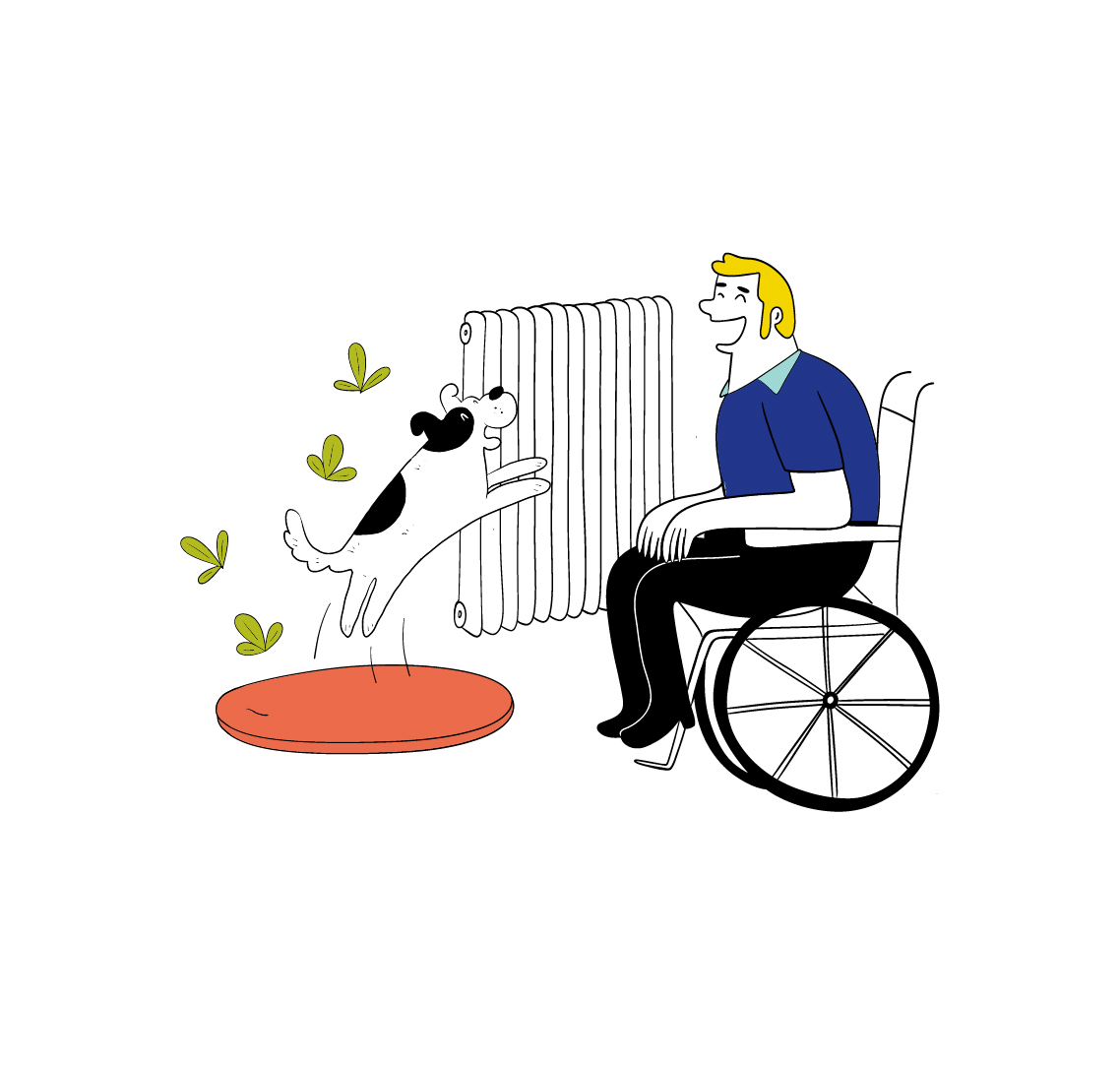 Ein von Energiearmut betroffener, lächelnder Mann sitzt in einem Rollstuhl. Sein Hund springt vor ihm freudig in die Luft. Im Hintergrund ist ein Heizkörper.