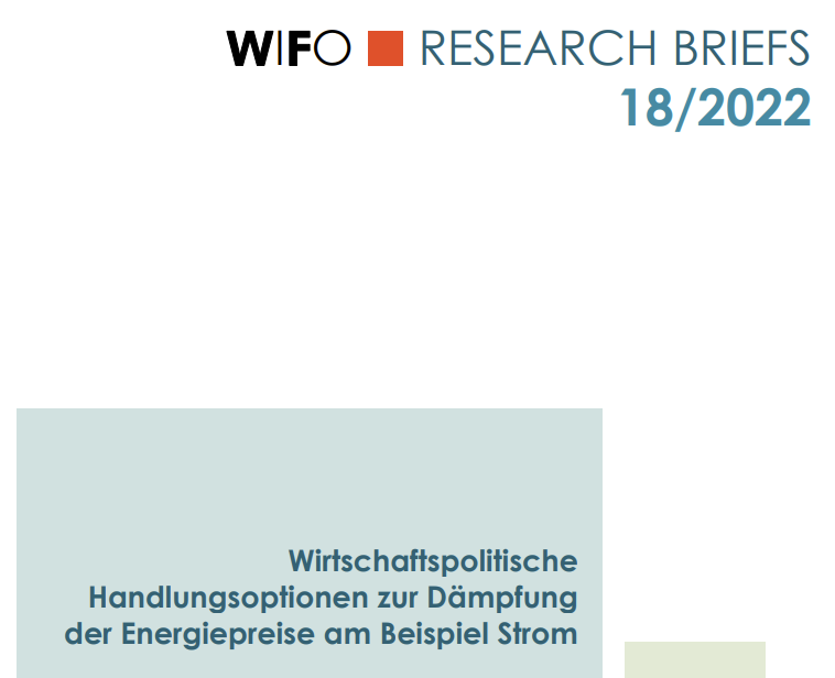 Cover des WIFO Research Briefs 18/2022 mit dem Titel Wirtschaftspolitische Handlungsoptionen zur Dämpfung der Energiepreise am Beispiel Strom