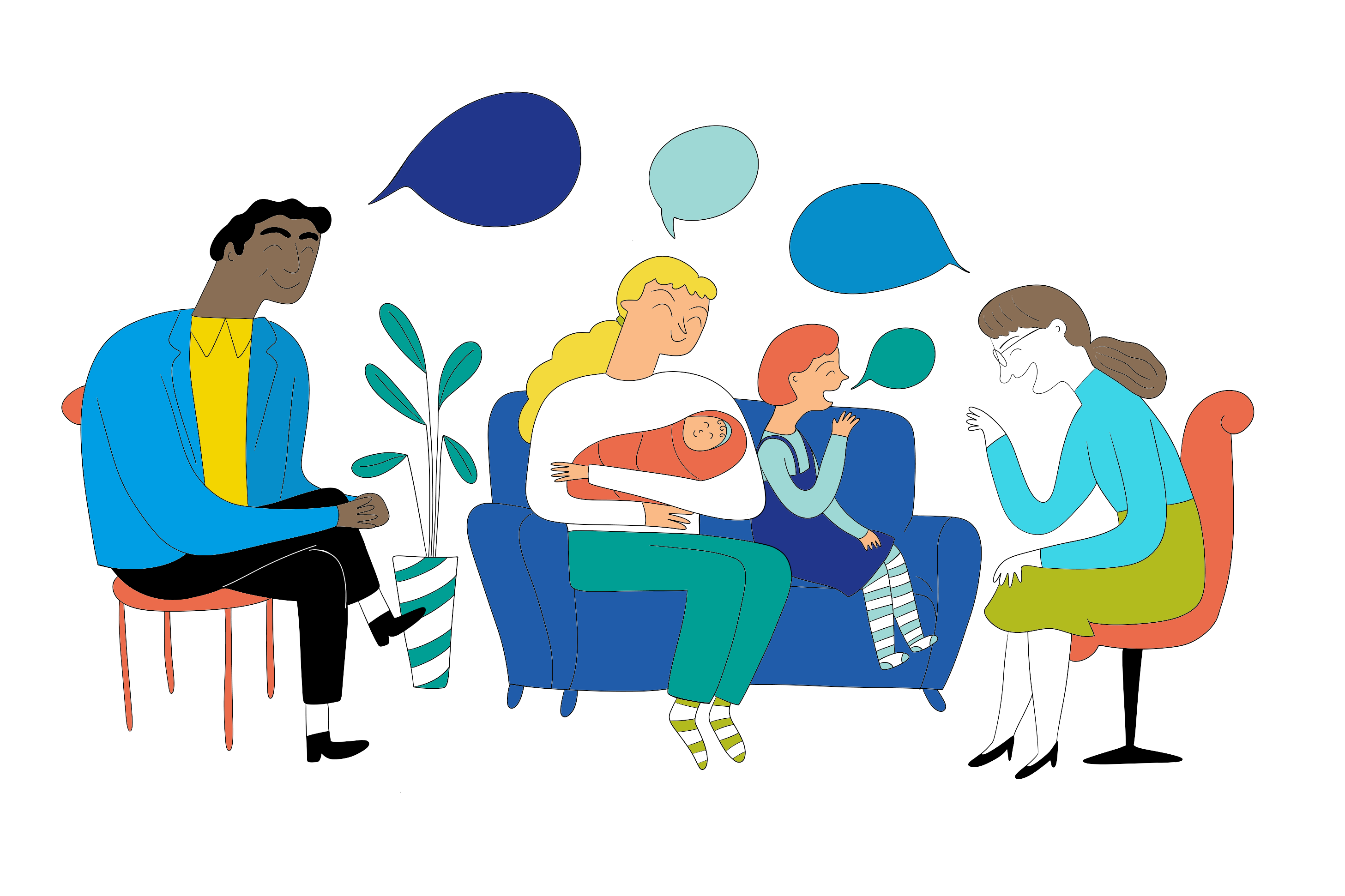 Fünf Personen sitzen in einer Beratungsstelle auf einer Couch und zwei Sesseln und unterhalten sich miteinander.