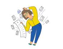 Eine Frau hält eine lange Rechnung in der Hand. Um sie schwirren diverse Briefumschläge herum. Sie braucht finanzielle Unterstützung.