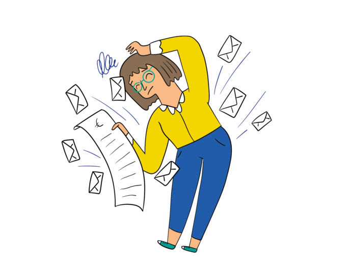 Eine Frau hält eine lange Rechnung in der Hand. Um sie schwirren diverse Briefumschläge herum. Sie braucht finanzielle Unterstützung.