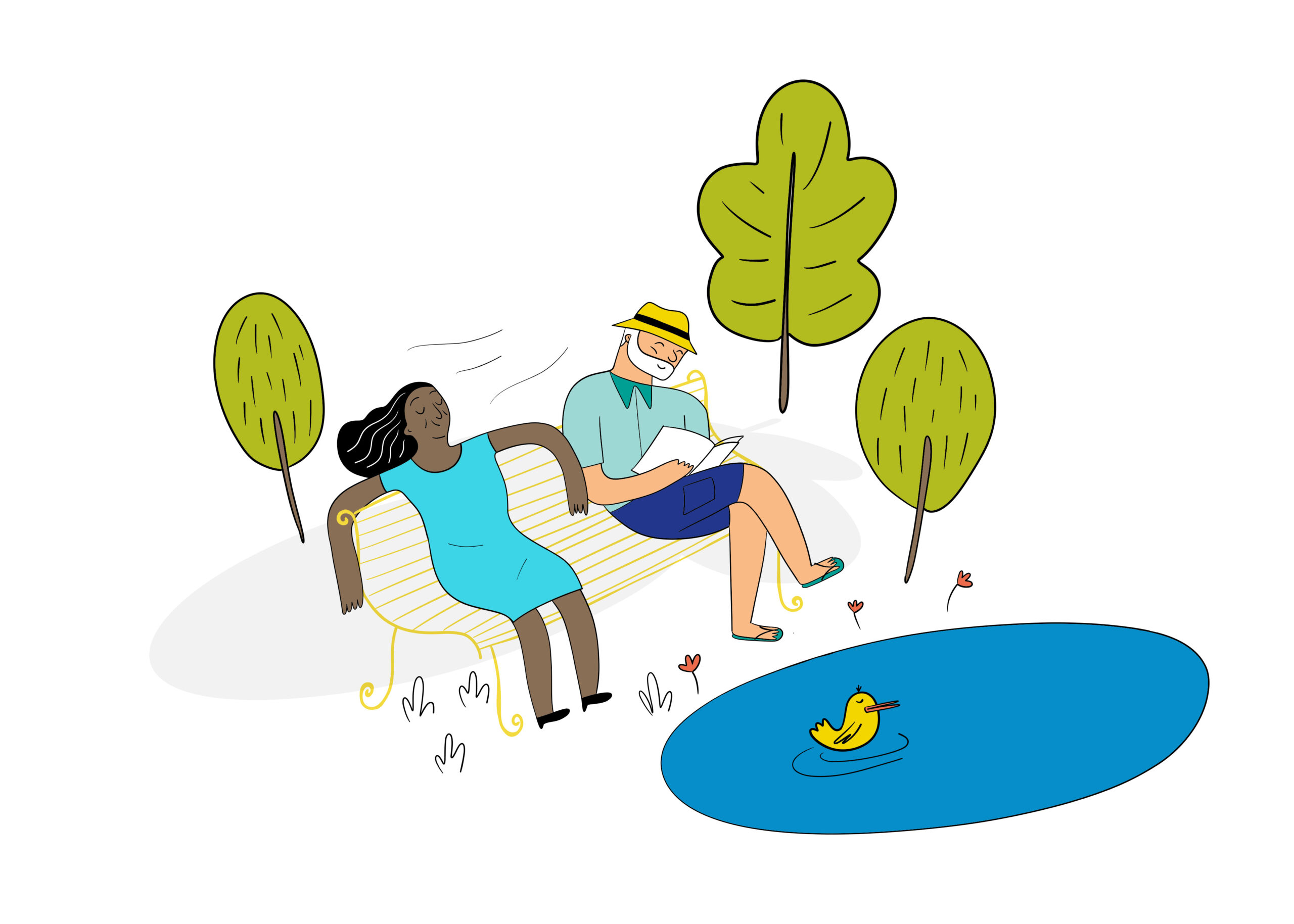 Eine Frau und ein Mann sitzen auf einer Parkbank neben einem kleinen Teich mit einer Ente. Die Frau lehnt sich entspannt zurück, der Mann liest ein Buch.