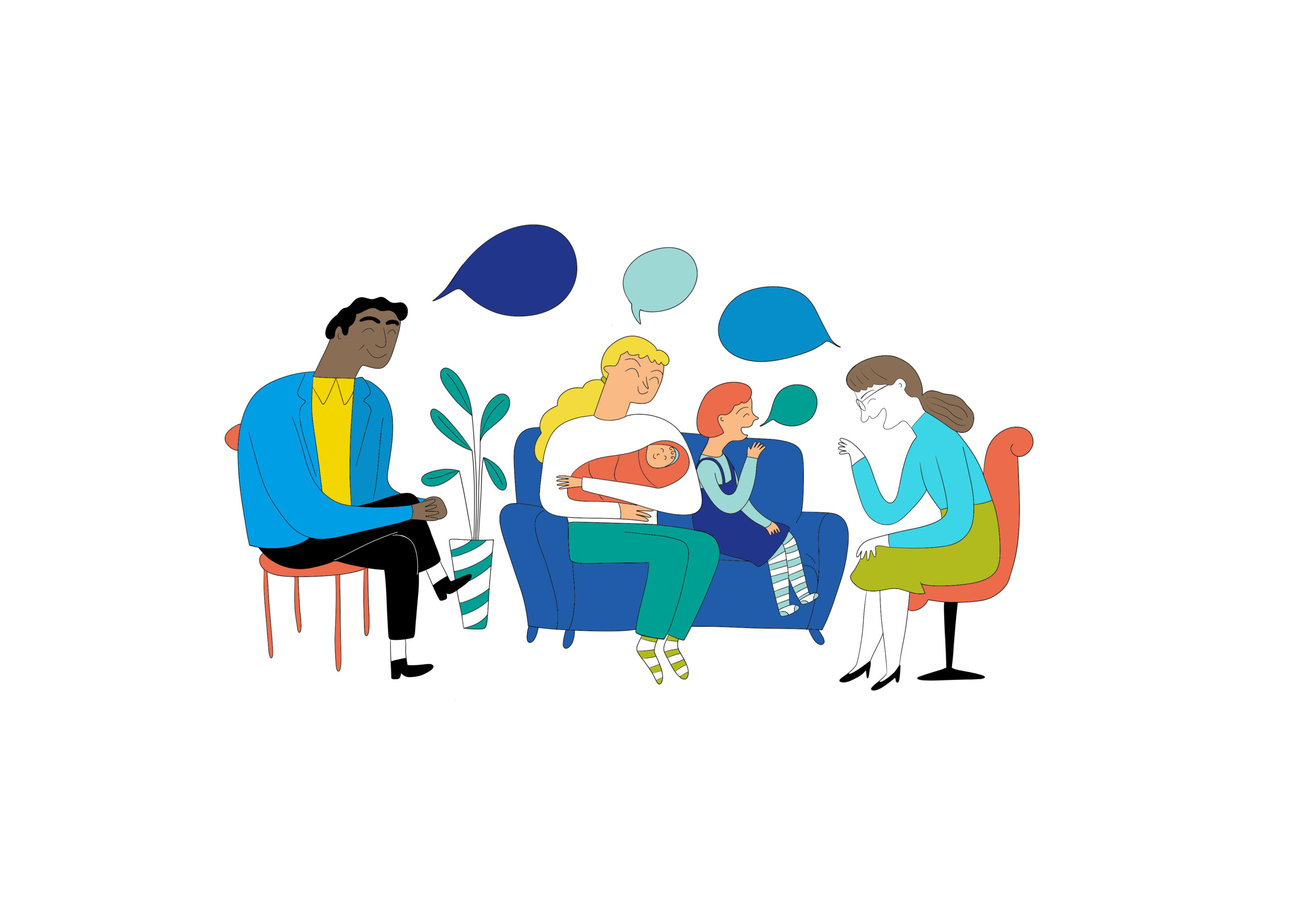 Das Bild zeigt eine Beratung. Drei Erwachsene Menschen sitzen gemeinsam mit einem Kind und einem Baby auf einem Sofa und zwei Sesseln. Sie unterhalten sich miteinander.