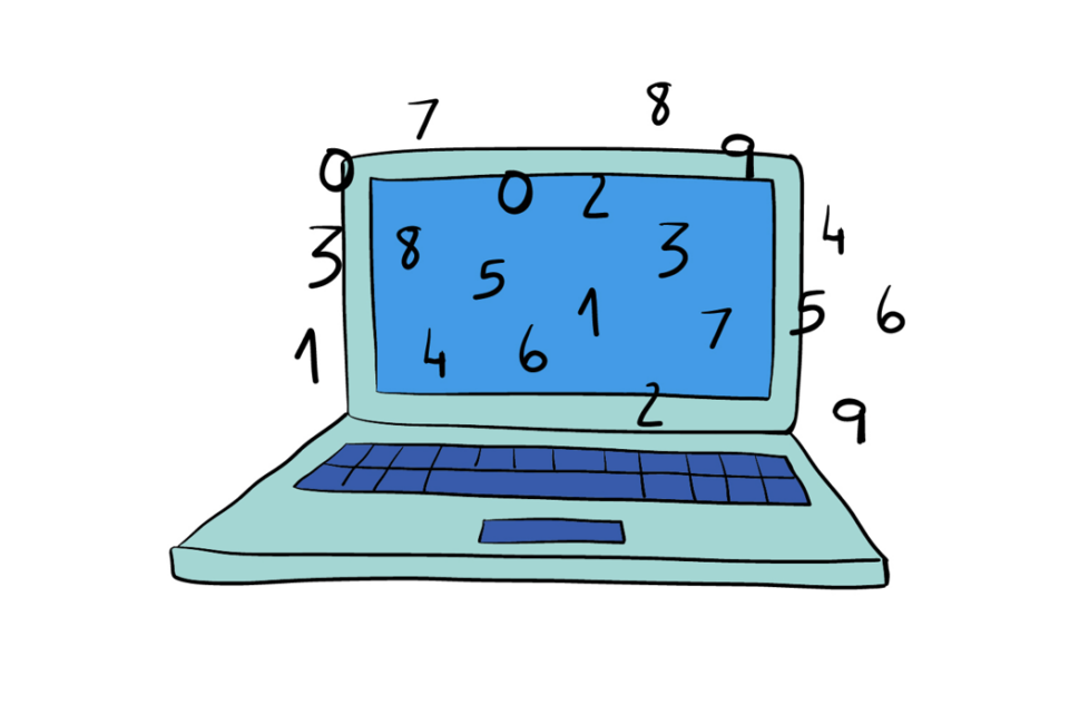 Zeichnung eines Laptops aus dem Ziffern herausschweben.