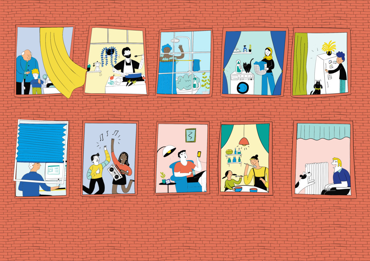 Ein Hochhaus in der Stadt mit Fenstern, in denen man Menschen sieht, die verschiedenen Aktivitäten nachgehen.