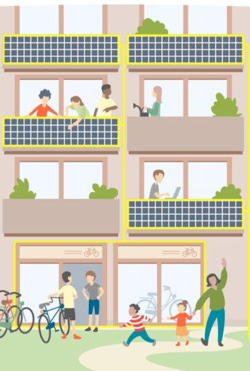 Gezeichnetes Bild einer Wohnhausanlage mit erneuerbaren Energiequellen und dort lebenden Kindern und ihren Eltern